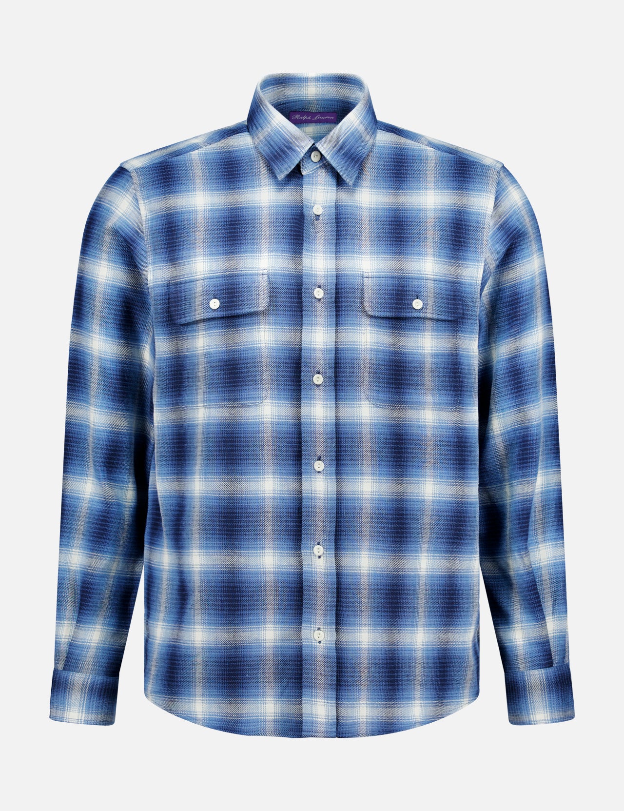 The Cooper Cotton Plaid Sport Shirt by RALPH LAUREN PURPLE LABEL features a blue and white plaid pattern, long sleeves, a collar, and two chest pockets. It is displayed against a plain light background.