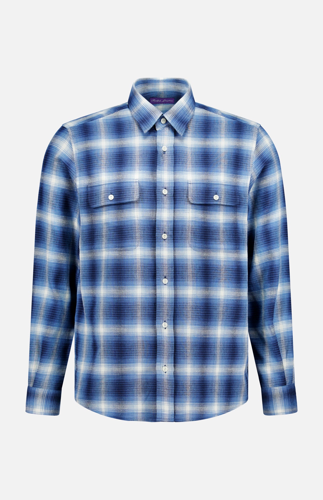 The Cooper Cotton Plaid Sport Shirt by RALPH LAUREN PURPLE LABEL features a blue and white plaid pattern, long sleeves, a collar, and two chest pockets. It is displayed against a plain light background.