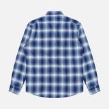 The Cooper Cotton Plaid Sport Shirt by RALPH LAUREN PURPLE LABEL, featuring blue and white plaid and designed as a men’s casual long-sleeve button-up, is laid flat with the back facing up against a plain white background.