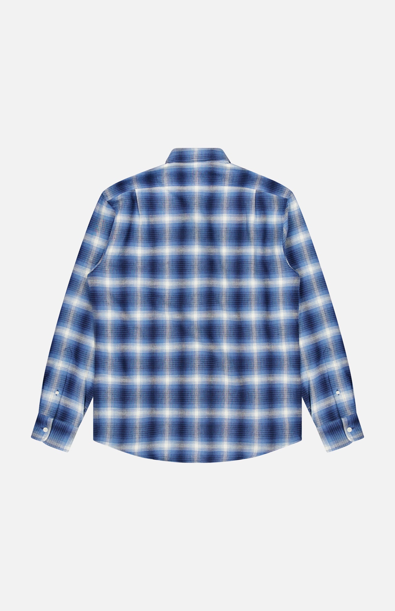 The Cooper Cotton Plaid Sport Shirt by RALPH LAUREN PURPLE LABEL, featuring blue and white plaid and designed as a men’s casual long-sleeve button-up, is laid flat with the back facing up against a plain white background.