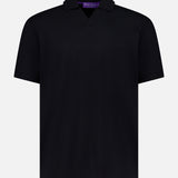 The RALPH LAUREN PURPLE LABEL Cotton Cashmere Pique Johnny Collar Polo Shirt features short sleeves and a V-neck, crafted in a soft cotton cashmere blend, shown in black against a white background.