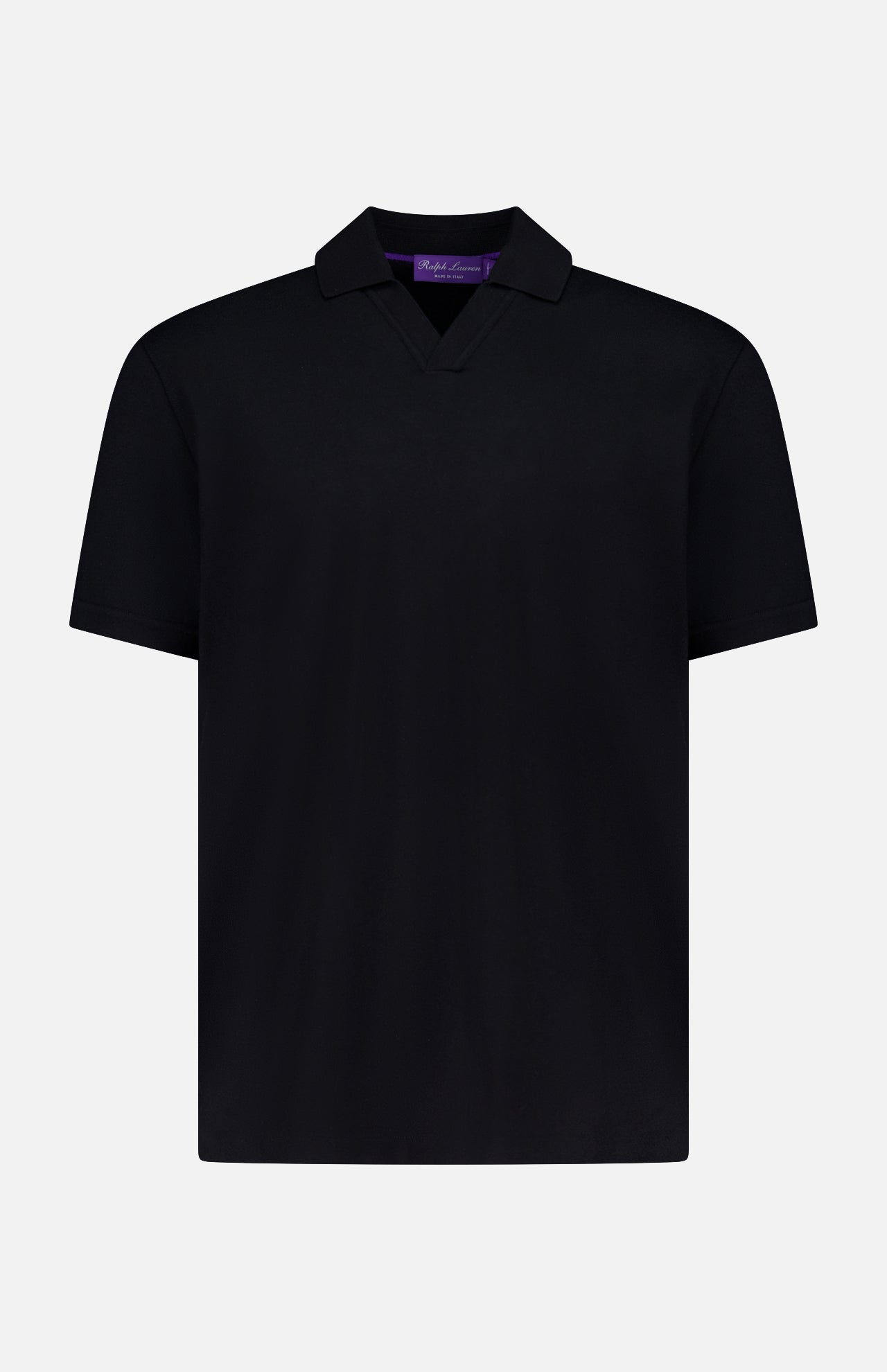 The RALPH LAUREN PURPLE LABEL Cotton Cashmere Pique Johnny Collar Polo Shirt features short sleeves and a V-neck, crafted in a soft cotton cashmere blend, shown in black against a white background.