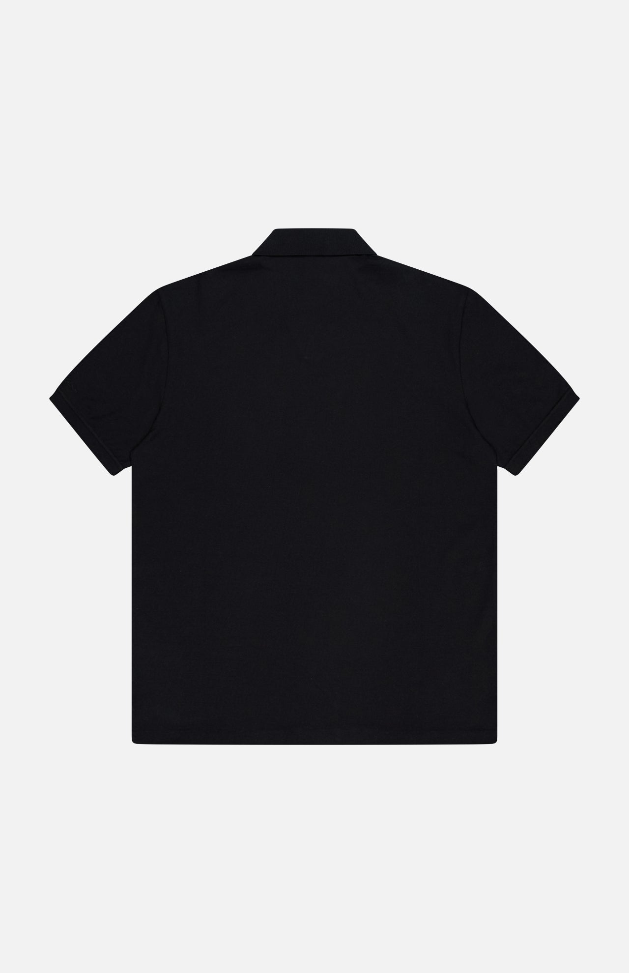 The Cotton Cashmere Pique Johnny Collar Polo Shirt by RALPH LAUREN PURPLE LABEL is shown from the back, laid flat on a light gray background.