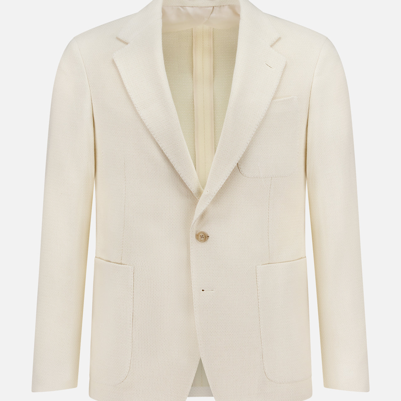 The RALPH LAUREN PURPLE LABEL Cotton Panama Weave Double Breasted Sportcoat, in light beige, is made in Italy and shown on a plain white background.