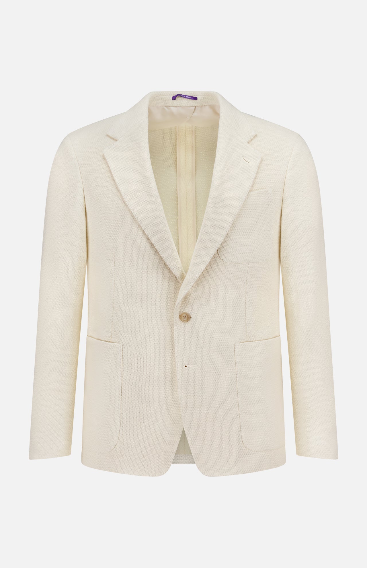 The RALPH LAUREN PURPLE LABEL Cotton Panama Weave Double Breasted Sportcoat, in light beige, is made in Italy and shown on a plain white background.