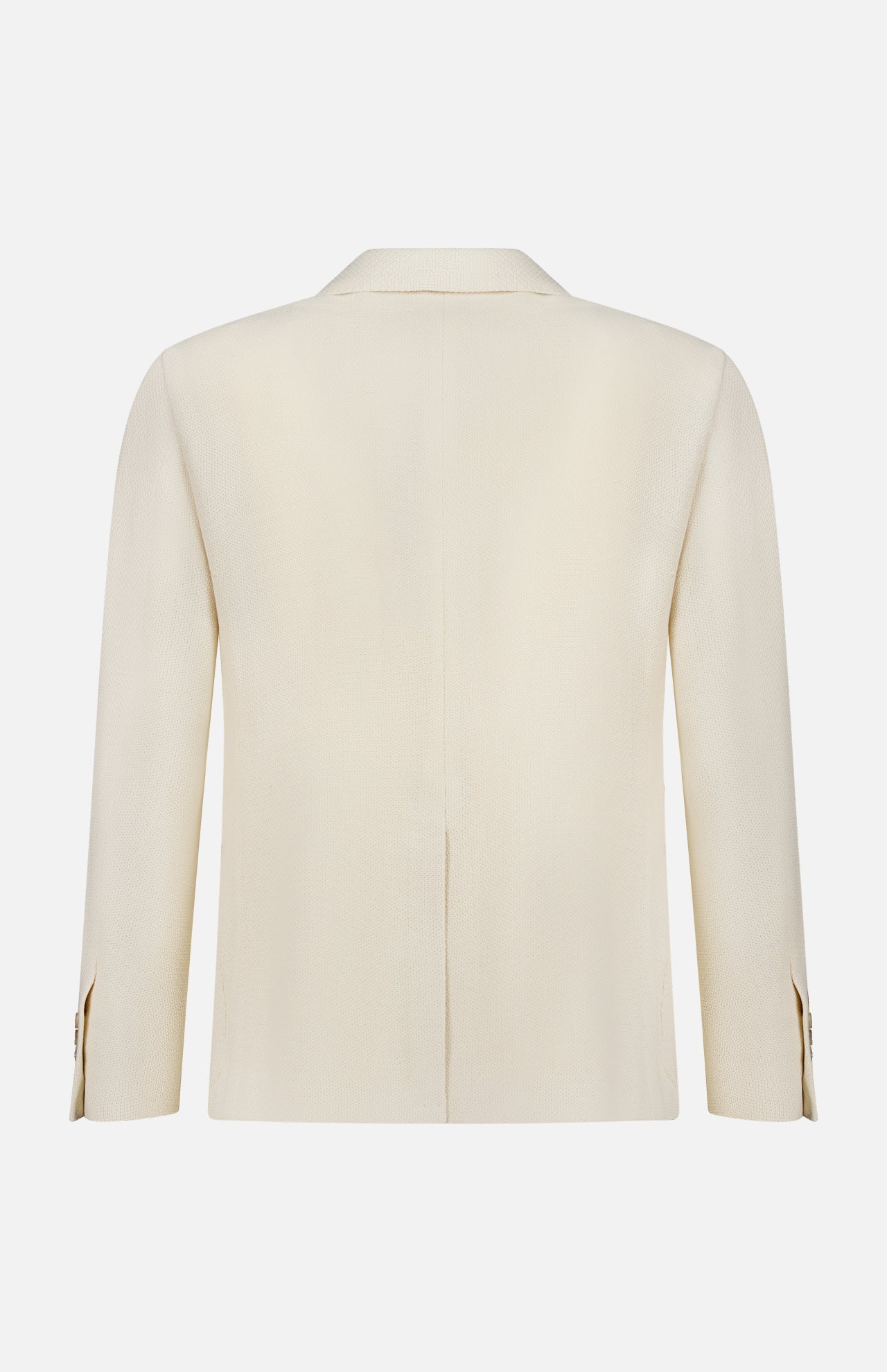 Back view of the RALPH LAUREN PURPLE LABEL Cotton Panama Weave Double Breasted Sportcoat in light beige, with long sleeves, notched collar, buttoned cuffs, straight hem; crafted in Italy.