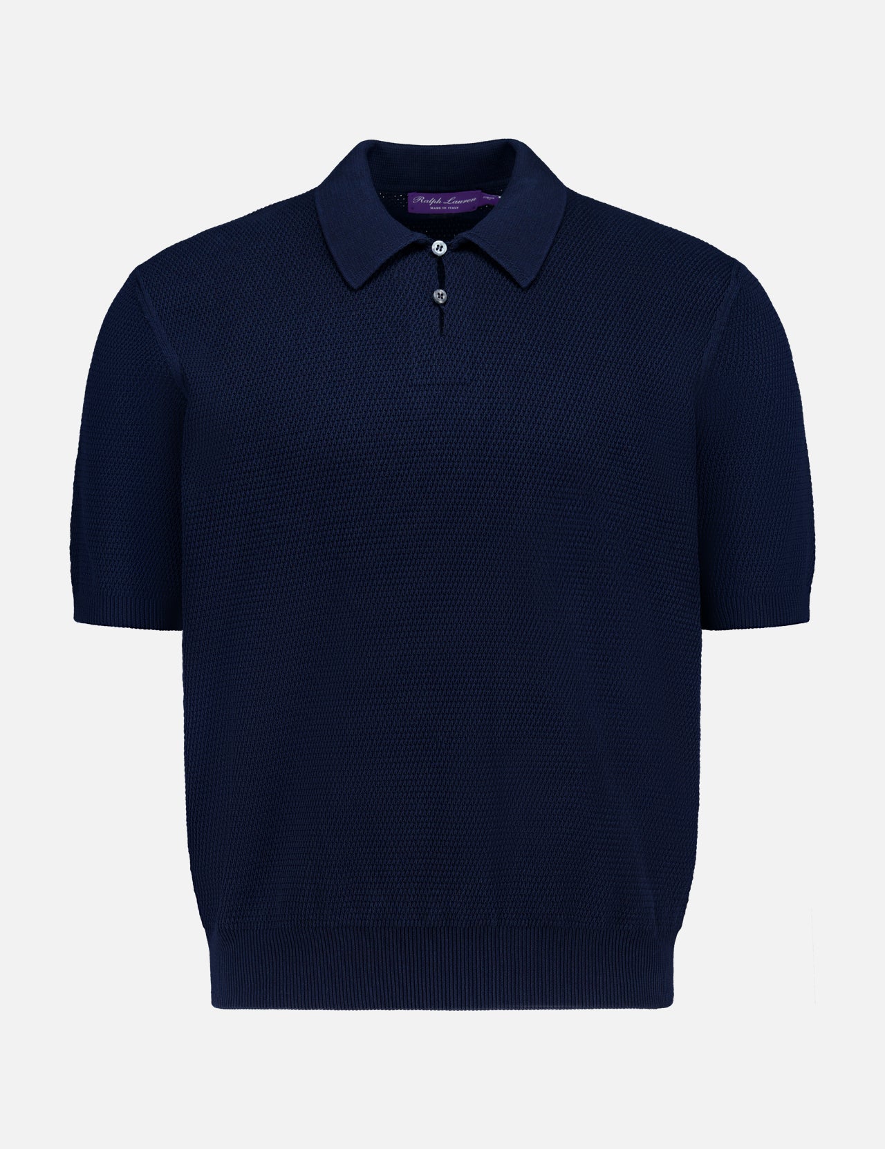 The Cotton Short Sleeve Polo Pullover Sweater by RALPH LAUREN PURPLE LABEL is a navy blue knit polo featuring a textured pattern, ribbed cuffs and hem, a pointed collar, and a three-button placket. Crafted in Italy from soft cotton sweater material, it is showcased against a plain white background.