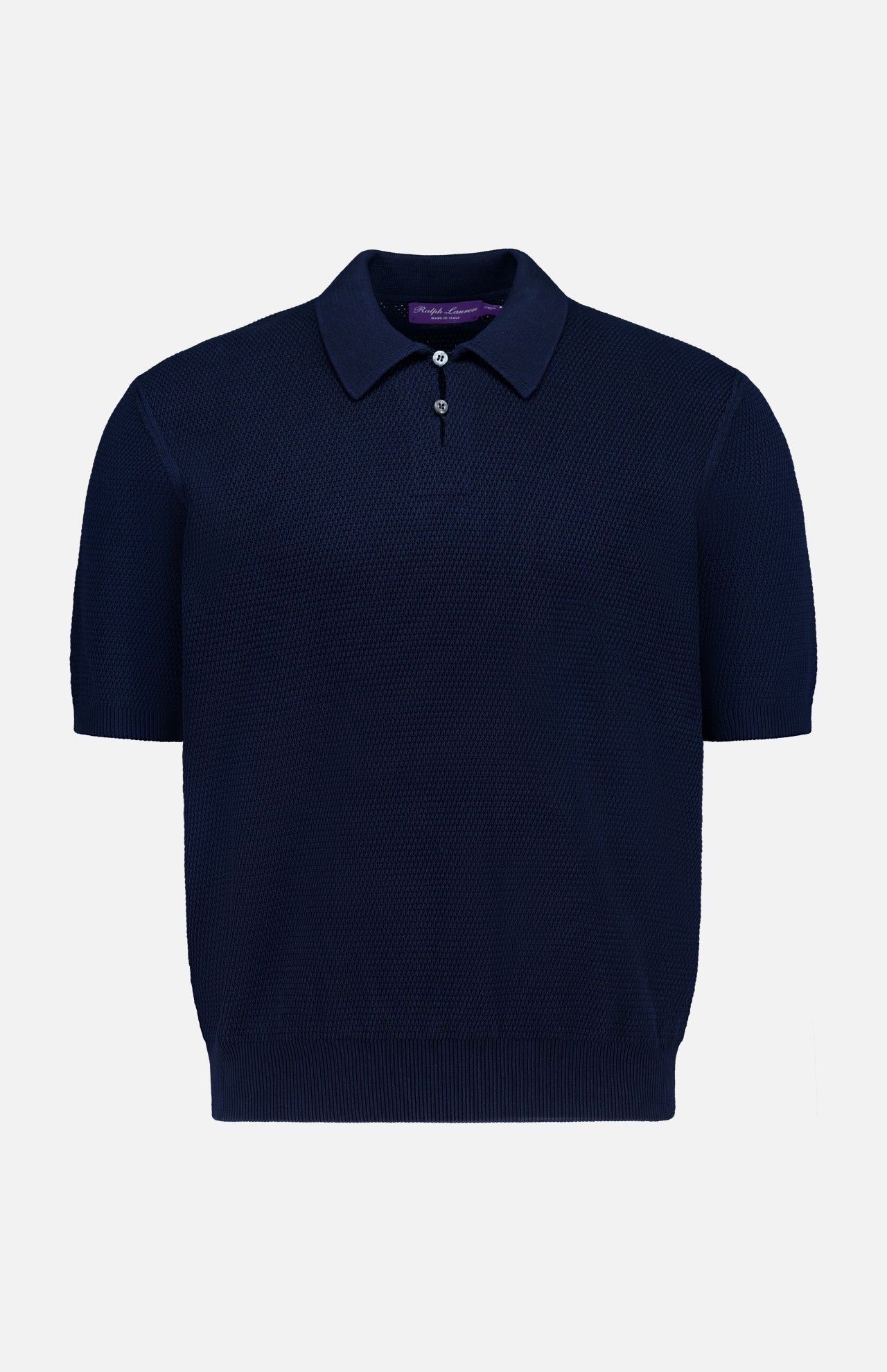 The Cotton Short Sleeve Polo Pullover Sweater by RALPH LAUREN PURPLE LABEL is a navy blue knit polo featuring a textured pattern, ribbed cuffs and hem, a pointed collar, and a three-button placket. Crafted in Italy from soft cotton sweater material, it is showcased against a plain white background.