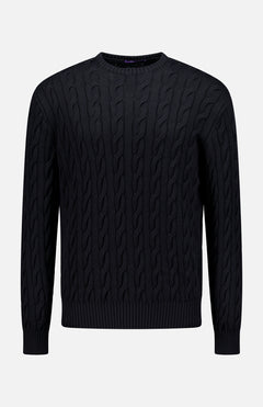 The Cotton Silk Cable Crewneck Sweater by RALPH LAUREN PURPLE LABEL is a black, long-sleeve cableknit crew neck, shown against a plain white background.