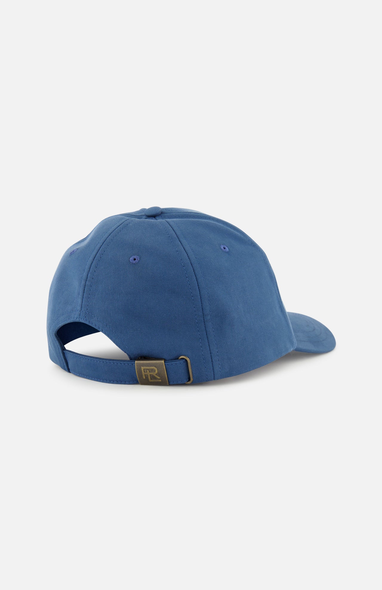 A dark blue Cotton Twill Crown Hat from RALPH LAUREN PURPLE LABEL, viewed from the back, features an adjustable strap with a brass-colored buckle. Expertly crafted, this cap exemplifies timeless style and quality through meticulous attention to detail.