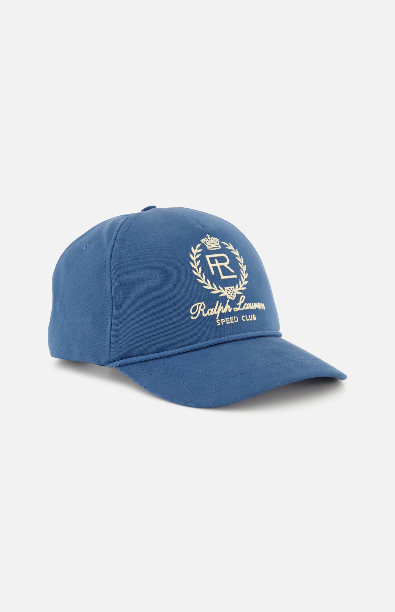 The Cotton Twill Crown Hat by RALPH LAUREN PURPLE LABEL is a dark blue ball cap with an embroidered white crest—highlighting a crown, laurel wreath, and the letters “RL.” Beneath the crest, it reads “Ralph Lauren Speed Club.” The stylish cap is displayed against a white background.