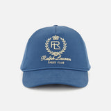 The Cotton Twill Crown Hat by RALPH LAUREN PURPLE LABEL is a dark blue ball cap expertly crafted in Italy. Featuring a curved brim, this hat showcases an embroidered crest with the letters “RL,” a crown, laurel wreath, and the words “Ralph Lauren Speed Club” in gold on the front—capturing the classic style and superior craftsmanship of Ralph Lauren.