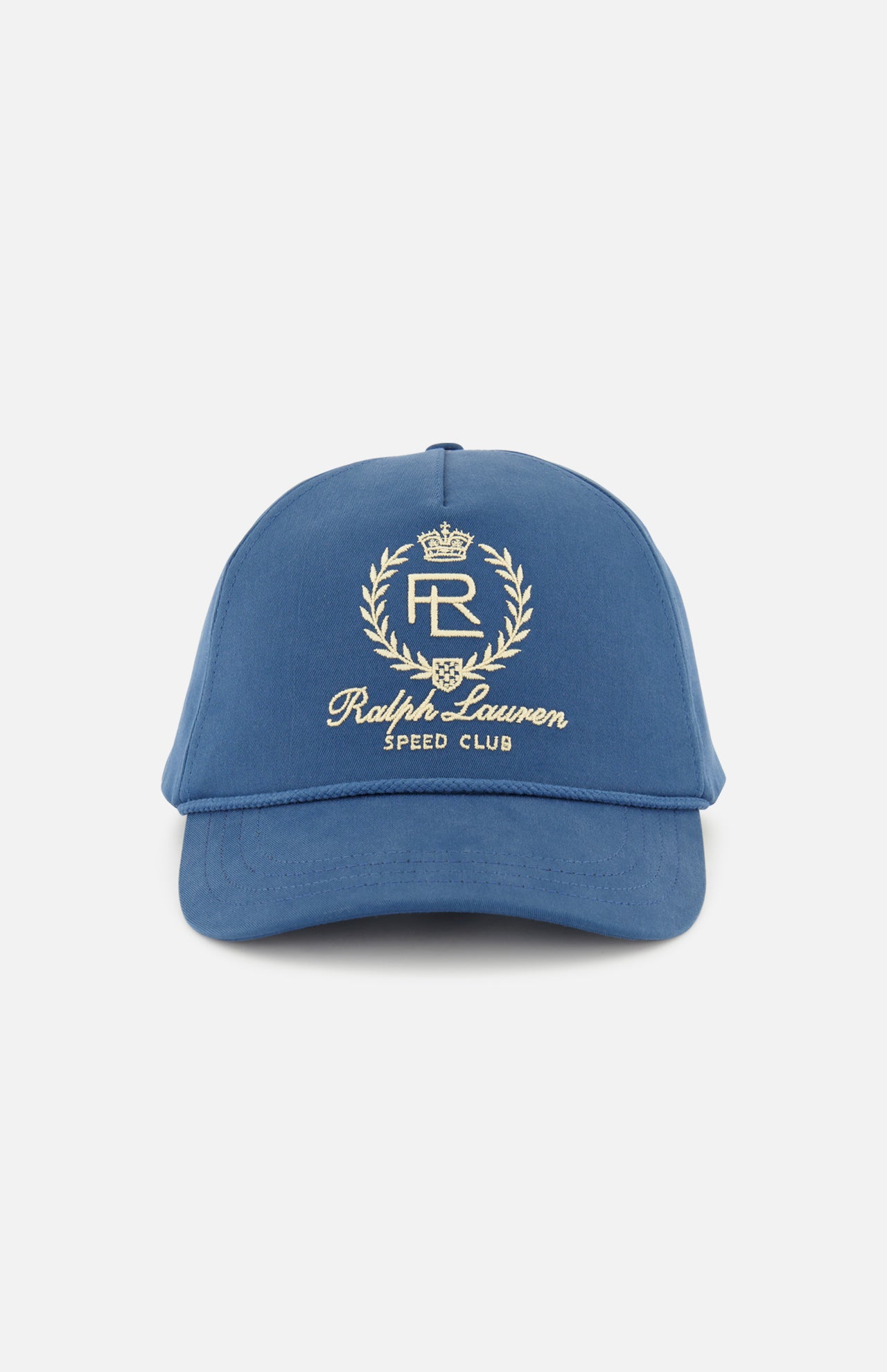 The Cotton Twill Crown Hat by RALPH LAUREN PURPLE LABEL is a dark blue ball cap expertly crafted in Italy. Featuring a curved brim, this hat showcases an embroidered crest with the letters “RL,” a crown, laurel wreath, and the words “Ralph Lauren Speed Club” in gold on the front—capturing the classic style and superior craftsmanship of Ralph Lauren.