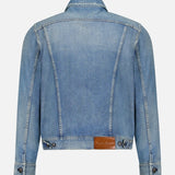 A light blue Lux Italian Denim Trucker Jacket by RALPH LAUREN PURPLE LABEL is shown from the back, featuring long sleeves, precise seam details, a folded collar, buttoned cuffs, adjustable waist tabs, and a brown leather patch near the waistband. The jacket presents a subtle vintage fade that highlights its timeless style.