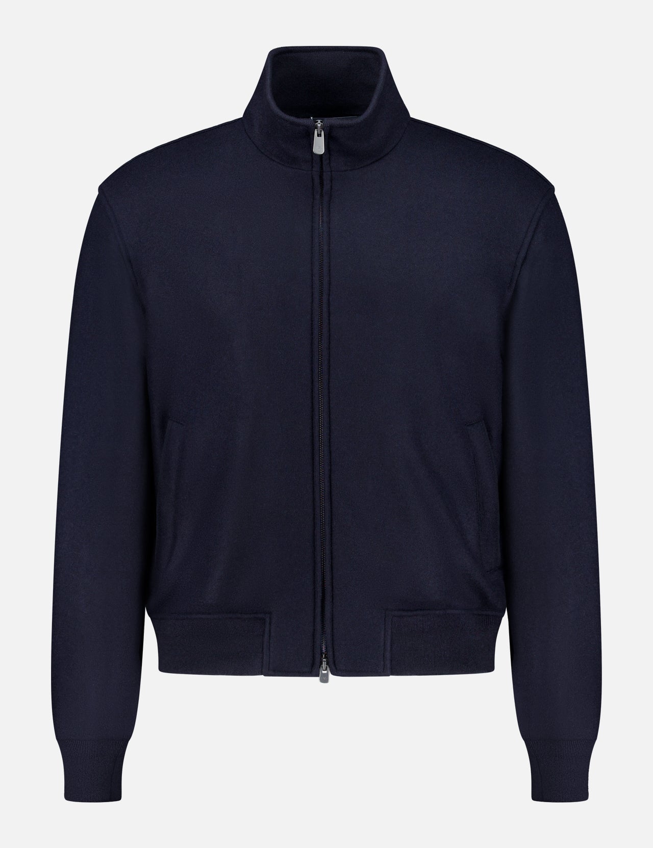 The Double Faced Cashmere Felton Bomber Jacket by RALPH LAUREN PURPLE LABEL is a luxurious navy zip-up with a high collar, long sleeves, and ribbed cuffs and hem, showcased against a plain white background. Drawing inspiration from classic Ralph Lauren designs, this piece offers timeless sophistication for any wardrobe.