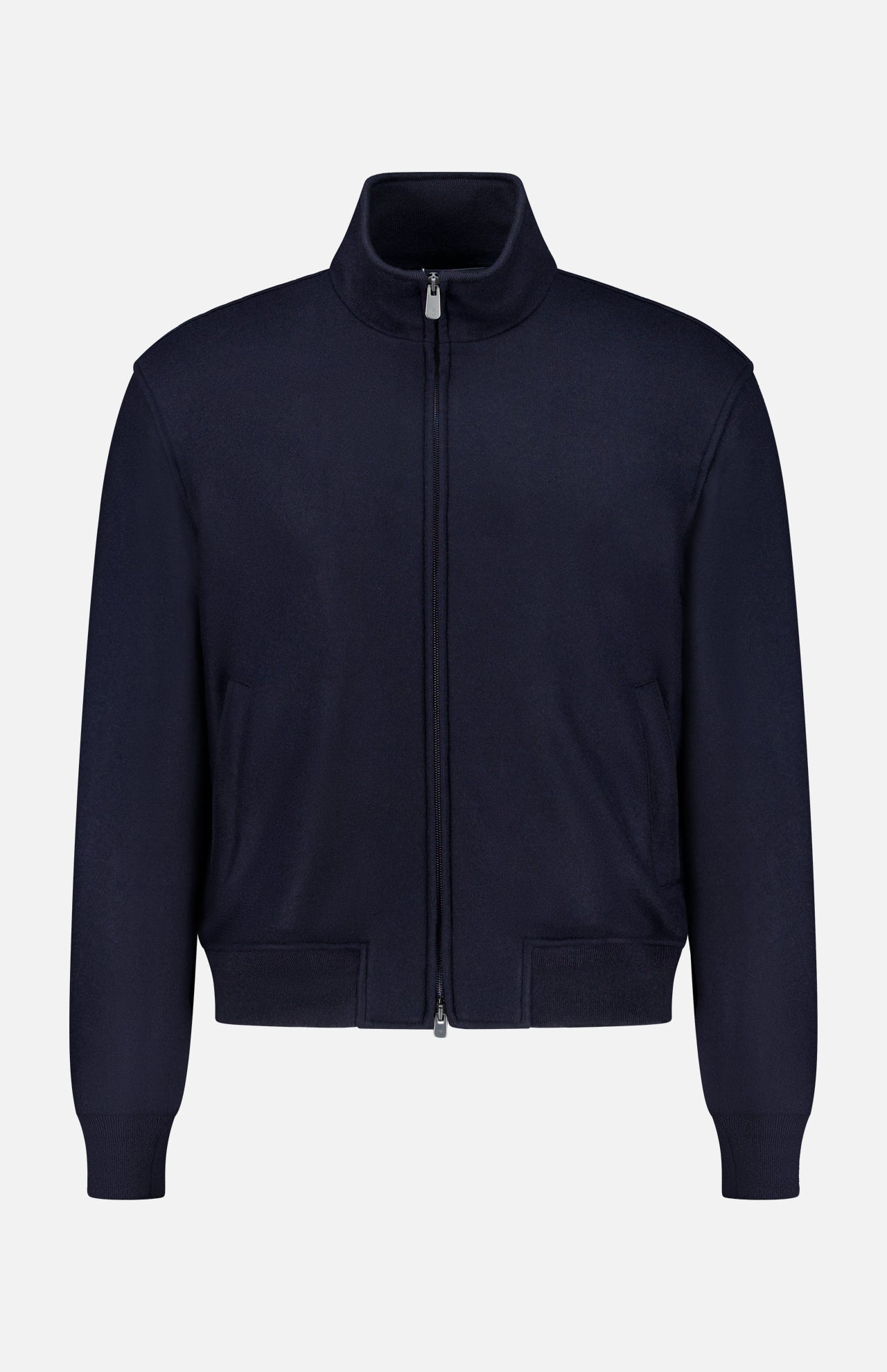 The Double Faced Cashmere Felton Bomber Jacket by RALPH LAUREN PURPLE LABEL is a luxurious navy zip-up with a high collar, long sleeves, and ribbed cuffs and hem, showcased against a plain white background. Drawing inspiration from classic Ralph Lauren designs, this piece offers timeless sophistication for any wardrobe.