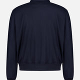 The RALPH LAUREN PURPLE LABEL Double Faced Cashmere Felton Bomber Jacket is showcased from the back in navy, highlighting its long sleeves, ribbed waistband and cuffs, and a short collar—all set against a plain white background.