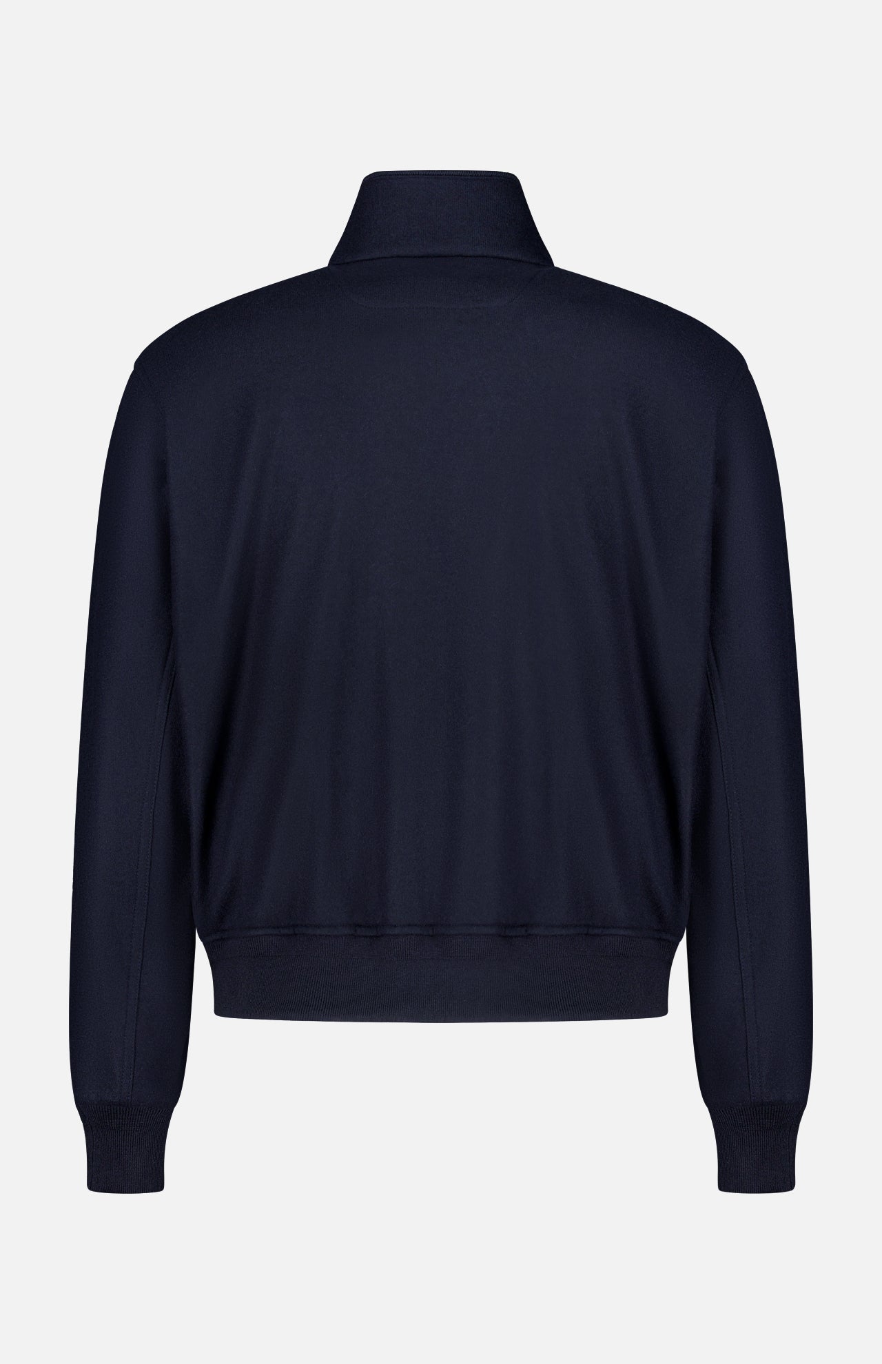 The RALPH LAUREN PURPLE LABEL Double Faced Cashmere Felton Bomber Jacket is showcased from the back in navy, highlighting its long sleeves, ribbed waistband and cuffs, and a short collar—all set against a plain white background.