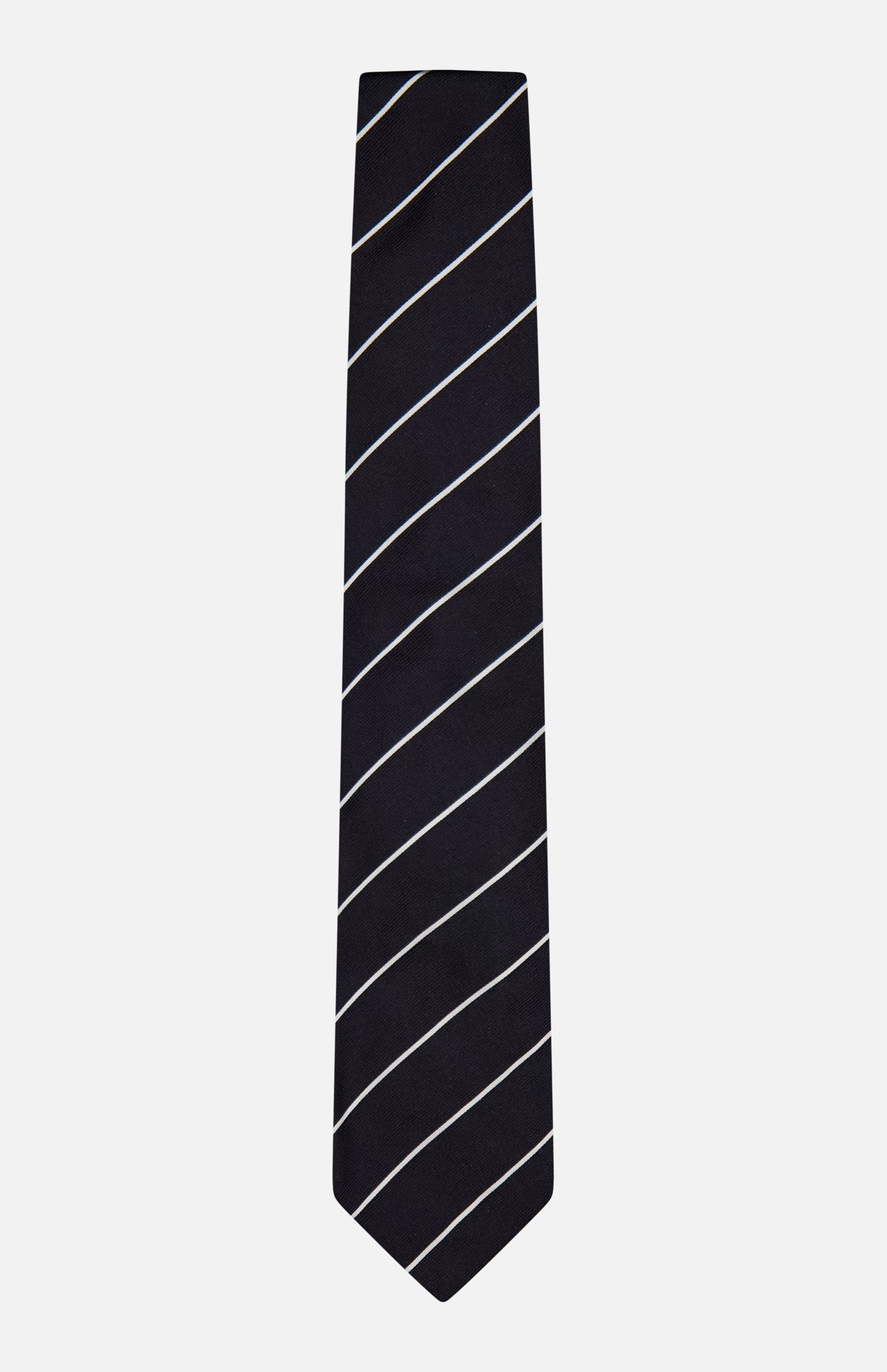 The RALPH LAUREN PURPLE LABEL Faille Stripe Silk Tie, crafted in Italy, features a black silk design with thin white diagonal stripes and is showcased against a simple light background.