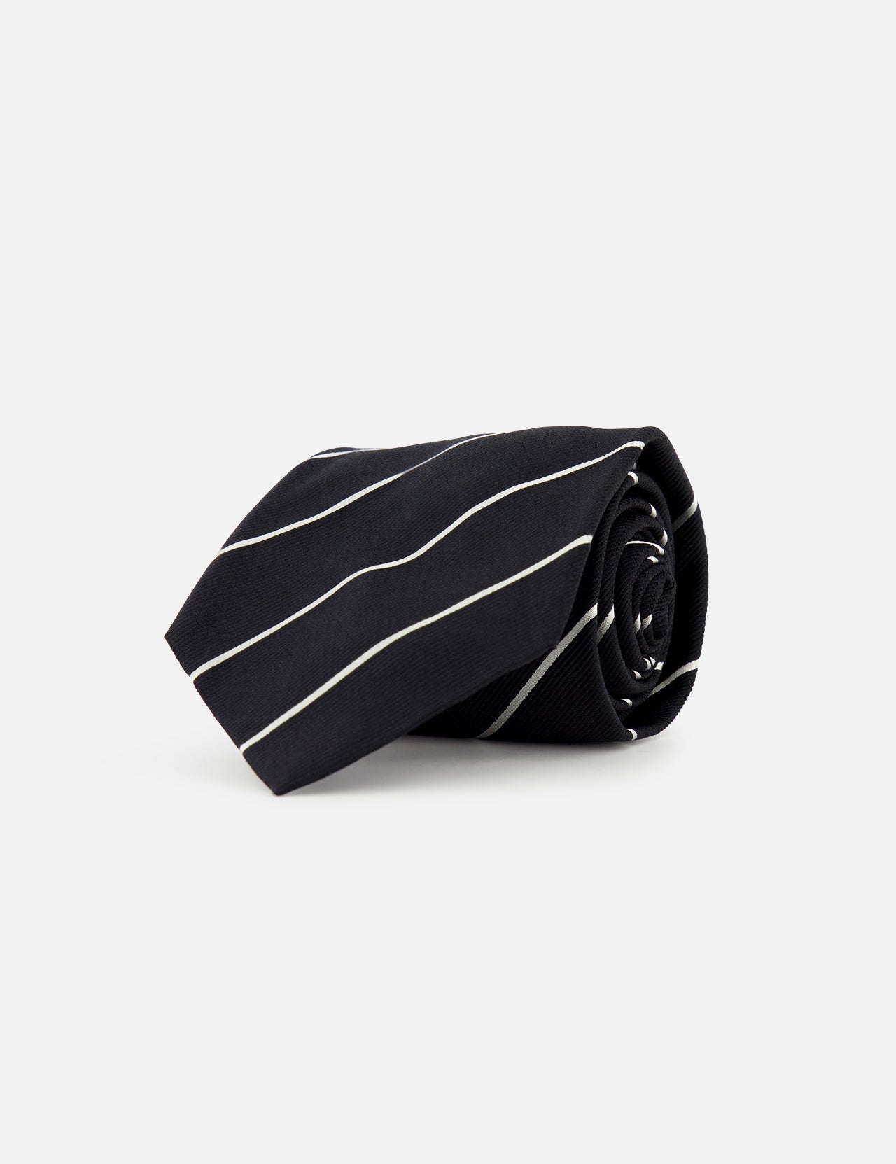 The Faille Stripe Silk Tie by RALPH LAUREN PURPLE LABEL, crafted in Italy from black silk with thin diagonal white stripes, is shown rolled up against a plain white background.