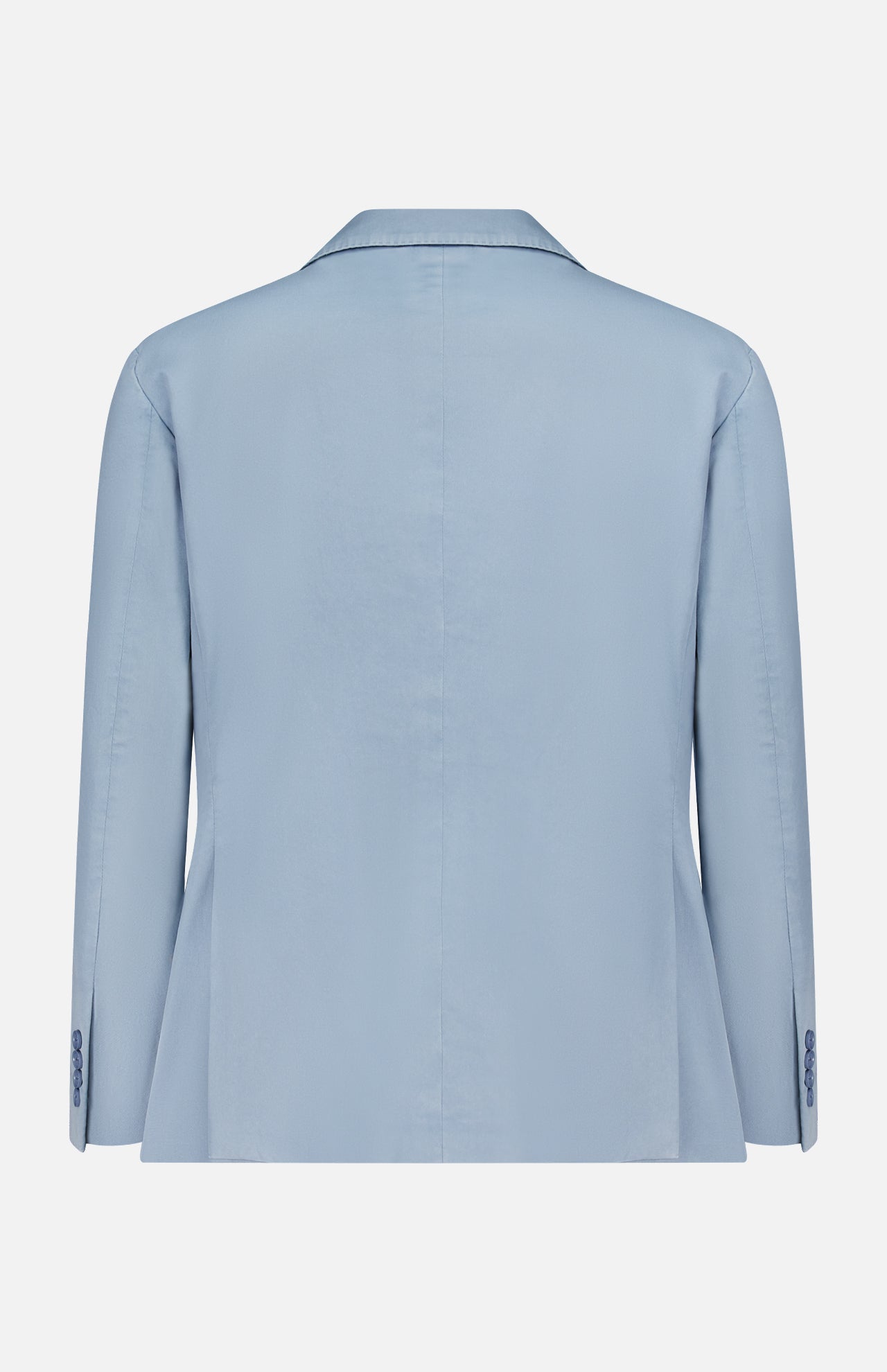 A light blue Garment Dyed Cotton Single Breasted Sportcoat by RALPH LAUREN PURPLE LABEL, shown from the back, features long sleeves, a notched collar, and buttoned cuffs. The smooth, slightly lustrous cotton fabric lends vintage character to its modern silhouette.