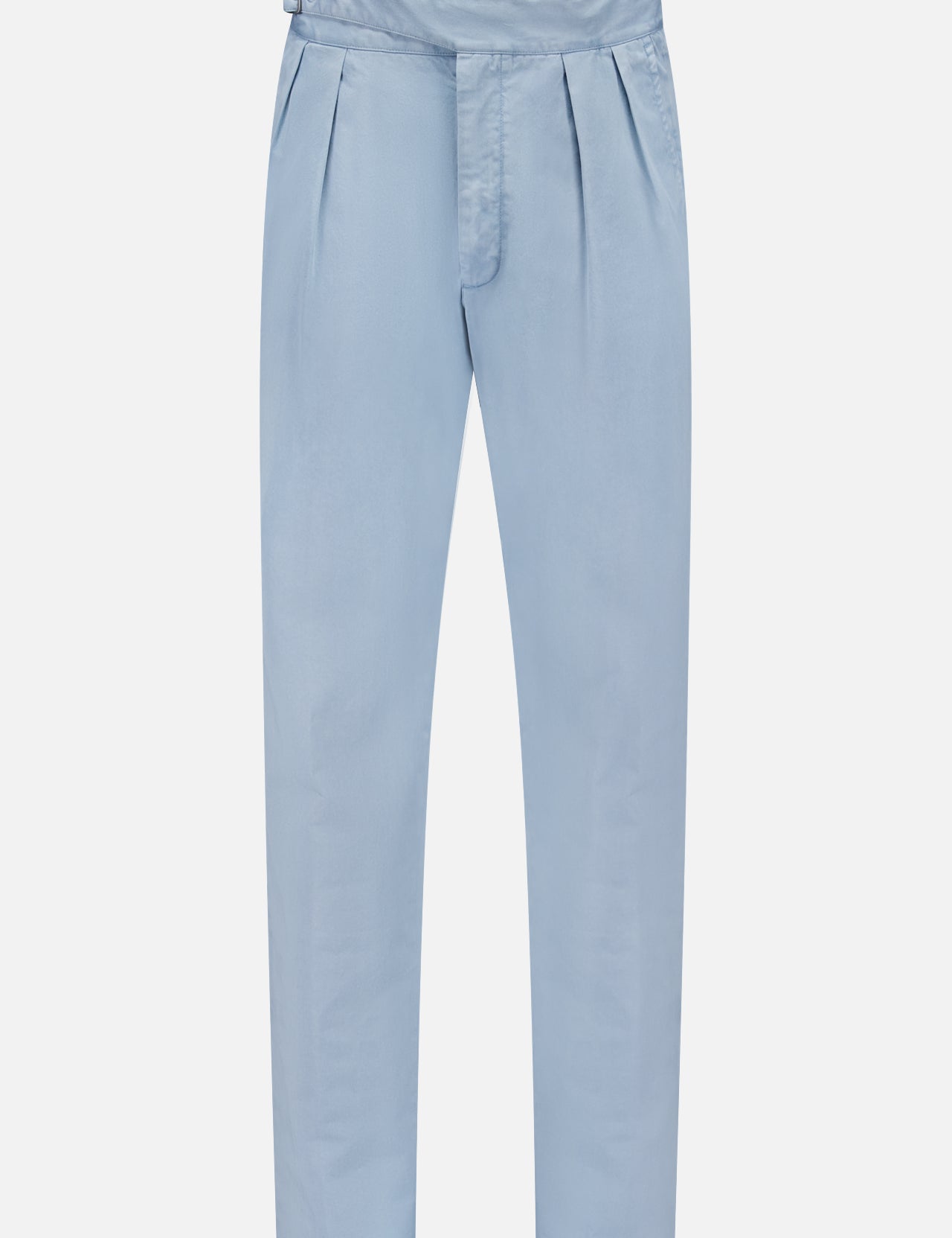 The Garment Dyed Cotton Trouser Pant by RALPH LAUREN PURPLE LABEL features a light blue hue, high waist, and tapered legs, crafted from stretch chino fabric for enhanced comfort, displayed against a white background.