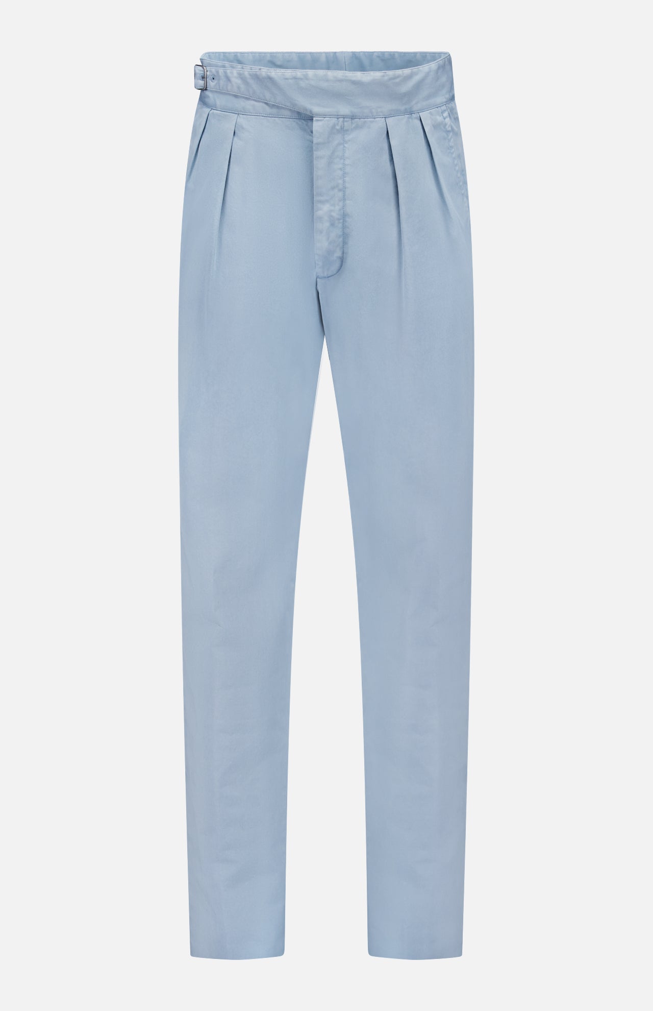 The Garment Dyed Cotton Trouser Pant by RALPH LAUREN PURPLE LABEL features a light blue hue, high waist, and tapered legs, crafted from stretch chino fabric for enhanced comfort, displayed against a white background.