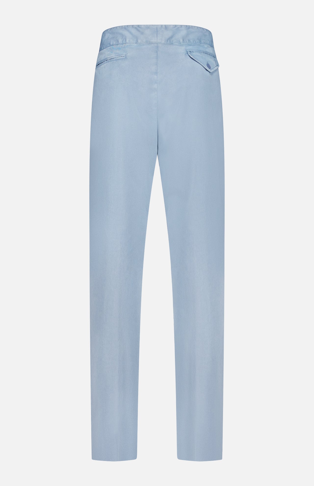 The Garment Dyed Cotton Trouser Pant from RALPH LAUREN PURPLE LABEL is shown in light blue and viewed from the back, highlighting two rear pockets—one with a buttoned flap and one without. Expertly crafted from stretch chino fabric, these trousers provide a tailored fit and a smooth, refined finish.