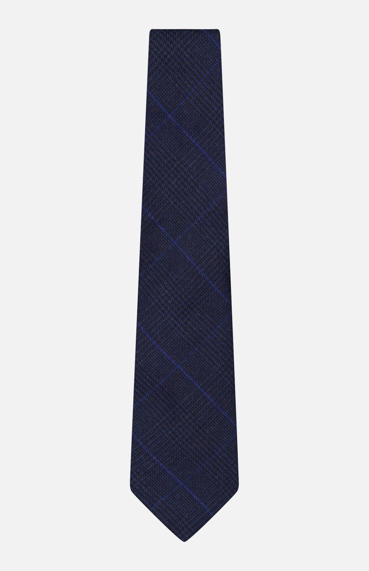 RALPH LAUREN PURPLE LABEL Glenplaid Check Woven Tie in dark blue cashmere with a subtle black and blue glen plaid pattern.
