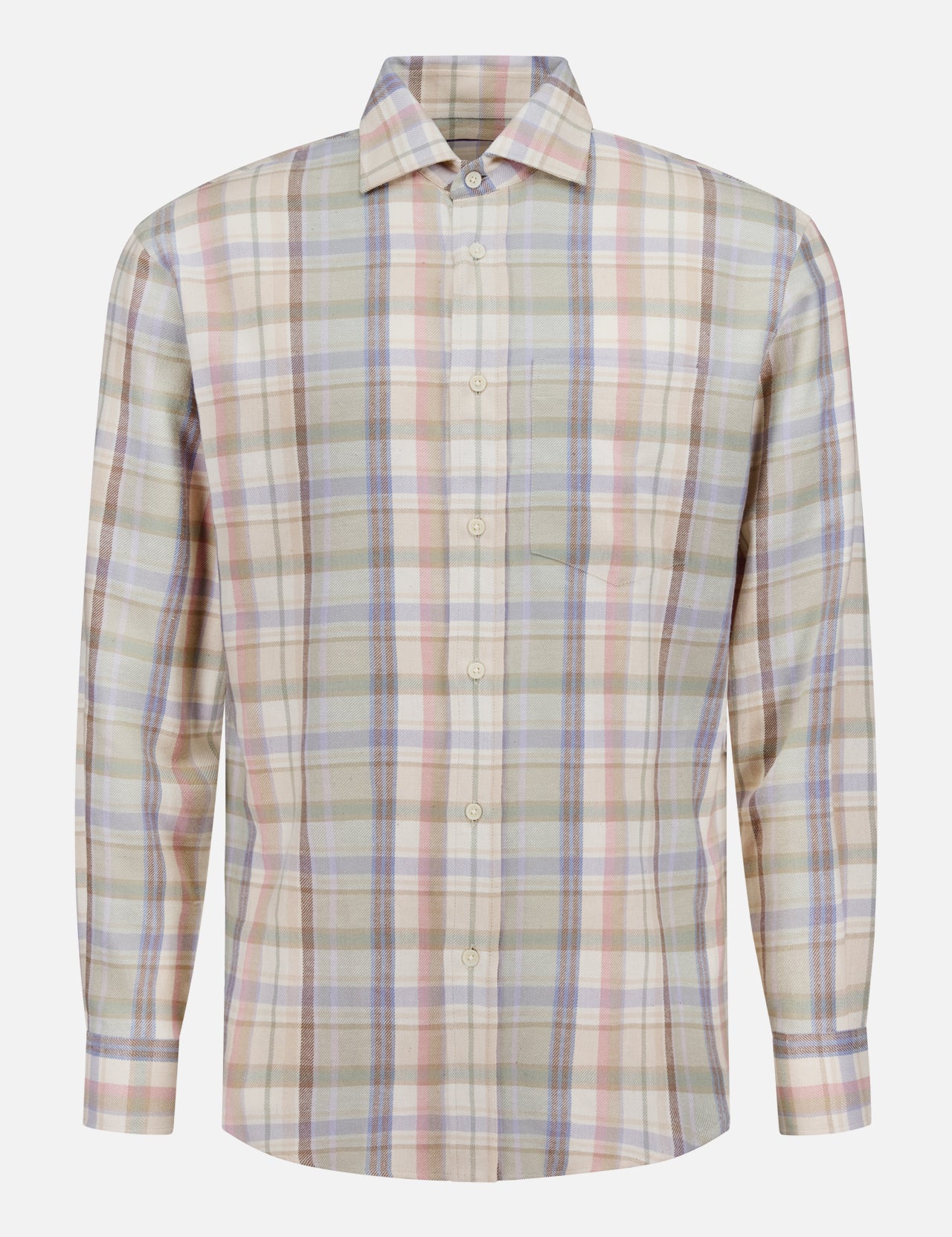 The RALPH LAUREN PURPLE LABEL Hemp Cotton Blend Sport Shirt features a pastel plaid design with long sleeves and a button-up front in soft beige, pink, blue, and green tones, displayed on a plain white background.