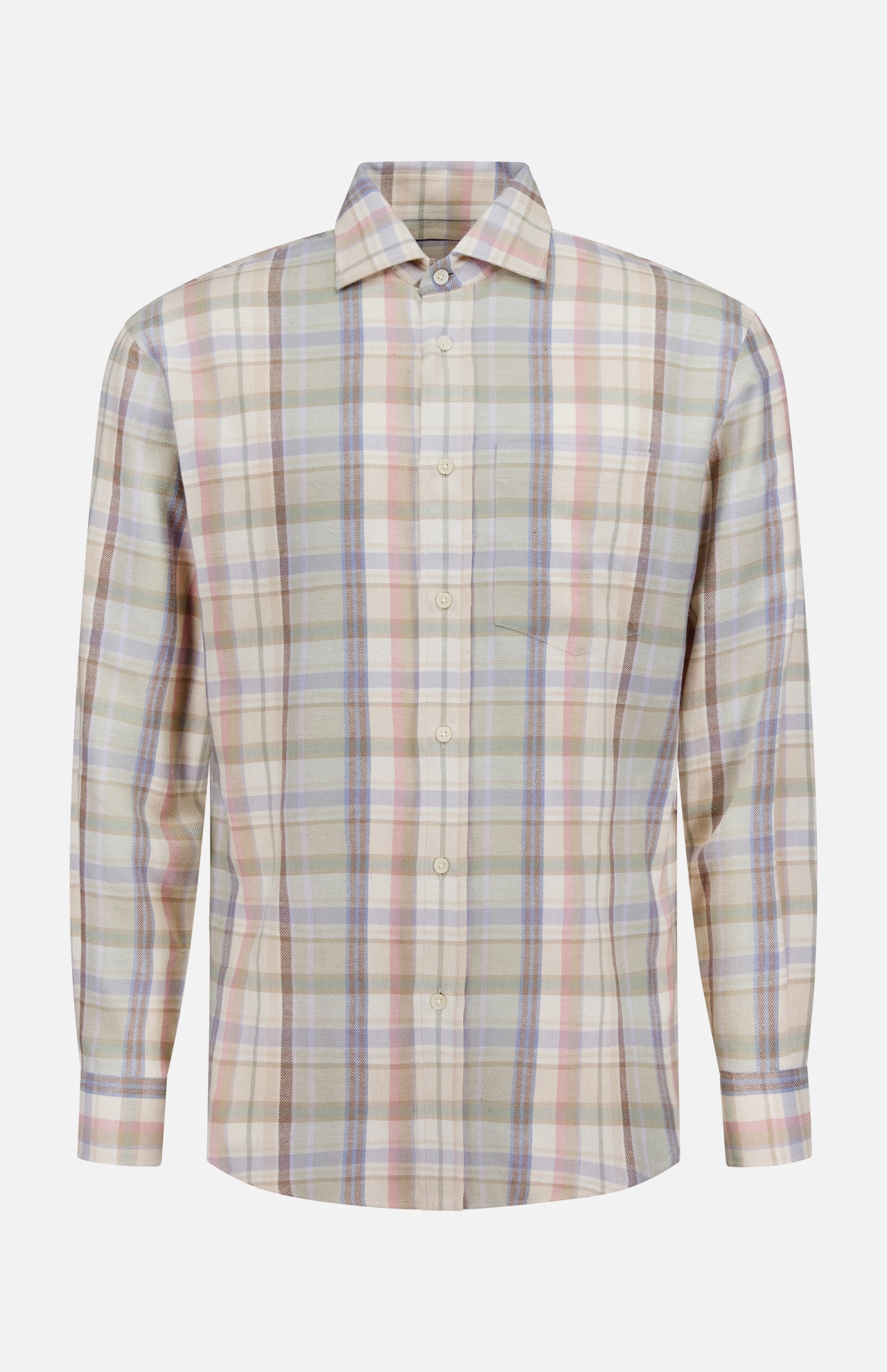 The RALPH LAUREN PURPLE LABEL Hemp Cotton Blend Sport Shirt features a pastel plaid design with long sleeves and a button-up front in soft beige, pink, blue, and green tones, displayed on a plain white background.