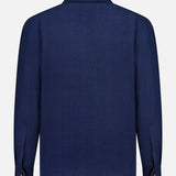 A rear view of the RALPH LAUREN PURPLE LABEL Herringbone Single Breasted Sportcoat, featuring long sleeves and buttoned cuffs in a dark blue hue, showcased against a plain white background—a testament to the refined craftsmanship characteristic of Italian hand-tailored jackets.