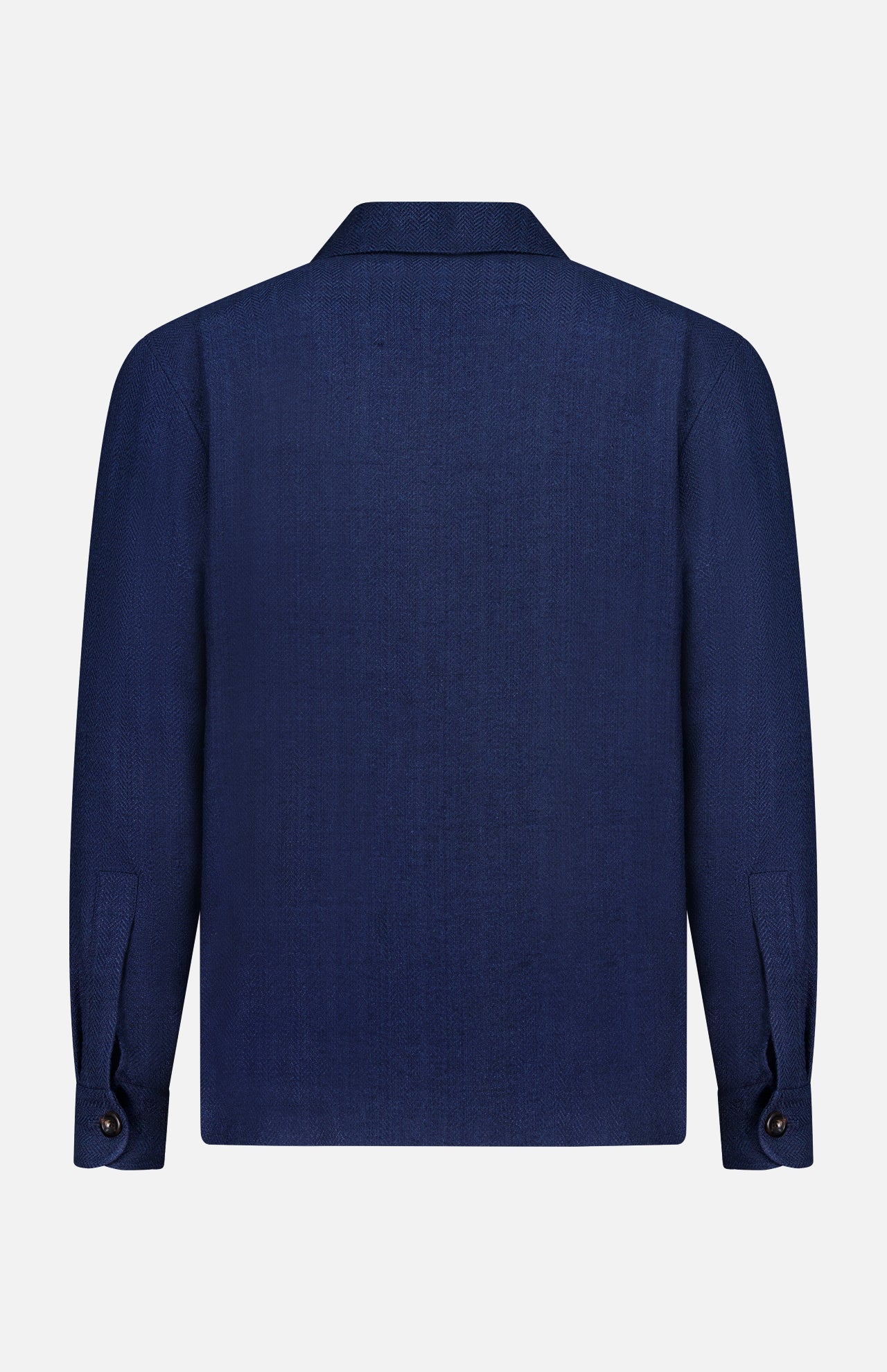 A rear view of the RALPH LAUREN PURPLE LABEL Herringbone Single Breasted Sportcoat, featuring long sleeves and buttoned cuffs in a dark blue hue, showcased against a plain white background—a testament to the refined craftsmanship characteristic of Italian hand-tailored jackets.