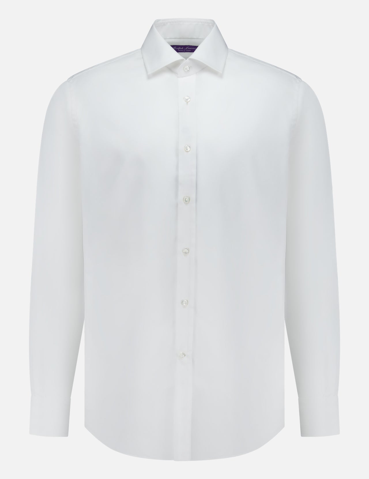 The Journey Twill Long Sleeve Dress Shirt by RALPH LAUREN PURPLE LABEL is expertly crafted in Italy from premium cotton twill, featuring long sleeves, a button-down front, and a pointed collar—all showcased against a plain white background.