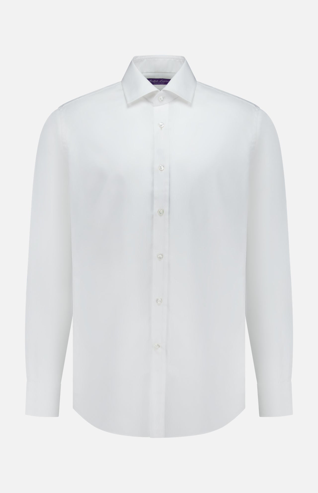 The Journey Twill Long Sleeve Dress Shirt by RALPH LAUREN PURPLE LABEL is expertly crafted in Italy from premium cotton twill, featuring long sleeves, a button-down front, and a pointed collar—all showcased against a plain white background.