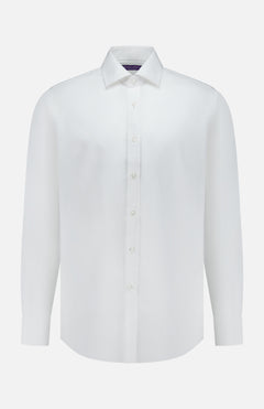 The Journey Twill Long Sleeve Dress Shirt by RALPH LAUREN PURPLE LABEL is expertly crafted in Italy from premium cotton twill, featuring long sleeves, a button-down front, and a pointed collar—all showcased against a plain white background.