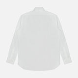 The Journey Twill Long Sleeve Dress Shirt by RALPH LAUREN PURPLE LABEL is displayed from the back, laid flat on a white background. Crafted from soft cotton twill, this plain white shirt features a collar, buttoned cuffs, and a curved hem.