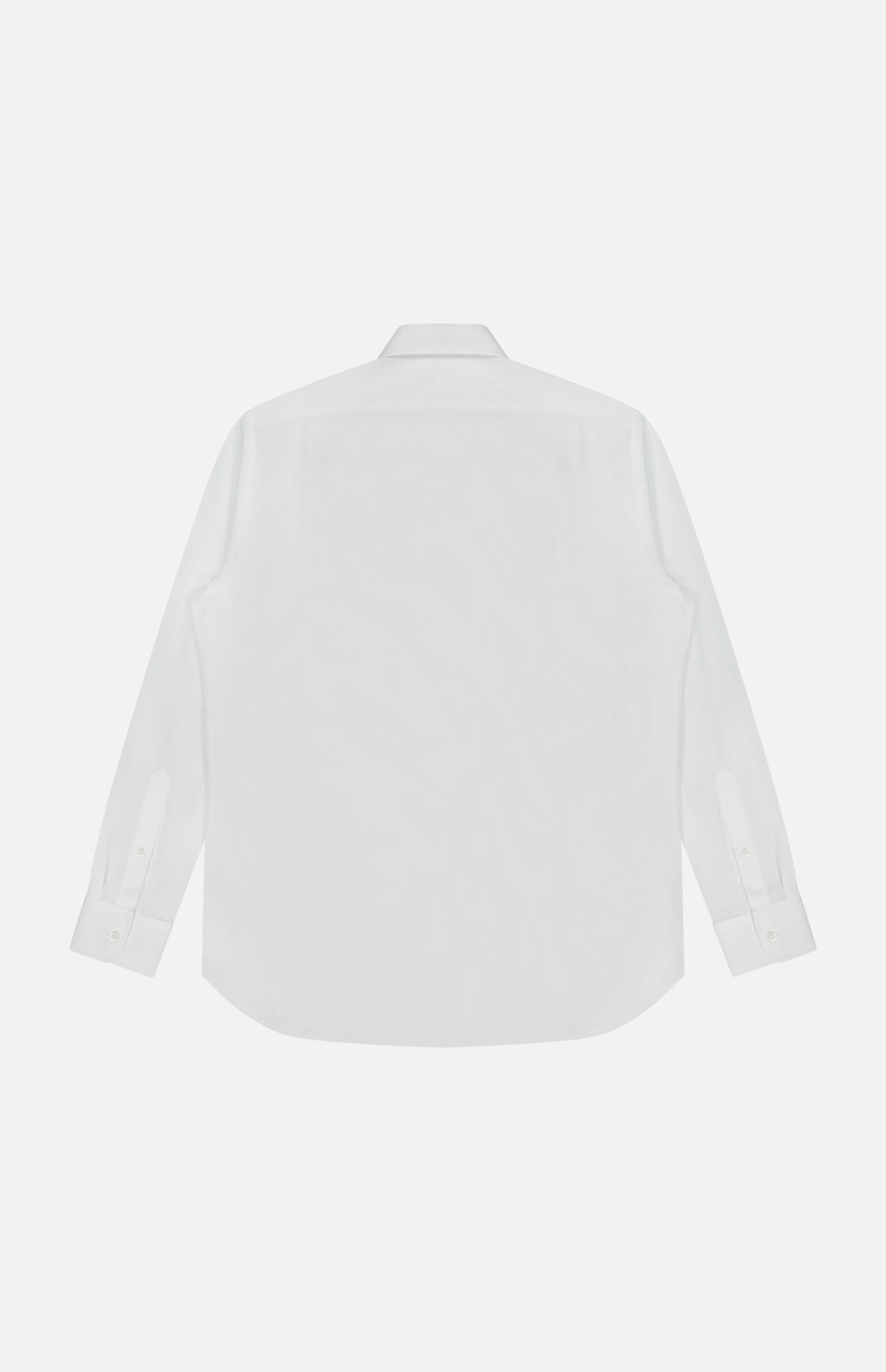 The Journey Twill Long Sleeve Dress Shirt by RALPH LAUREN PURPLE LABEL is displayed from the back, laid flat on a white background. Crafted from soft cotton twill, this plain white shirt features a collar, buttoned cuffs, and a curved hem.