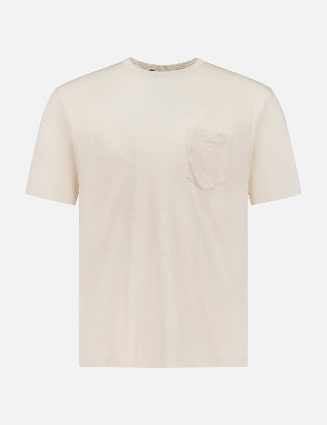 The RALPH LAUREN PURPLE LABEL Linen Jersey Short Sleeve T-Shirt, made in Italy, features a round neck, left chest pocket, and short sleeves, shown on a white background.