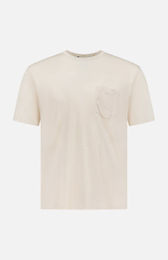 The RALPH LAUREN PURPLE LABEL Linen Jersey Short Sleeve T-Shirt, made in Italy, features a round neck, left chest pocket, and short sleeves, shown on a white background.