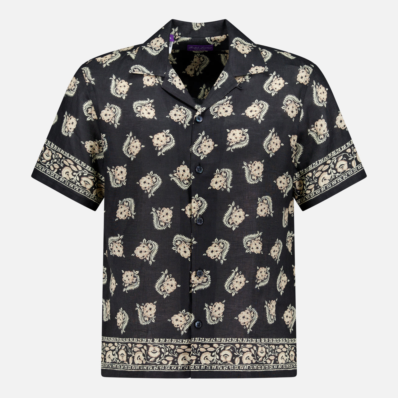 The RALPH LAUREN PURPLE LABEL Linen Print Short Sleeve Sport Shirt features Italian linen, a black base with beige floral and paisley patterns, a front pocket, and patterned bands on the sleeves and hem.