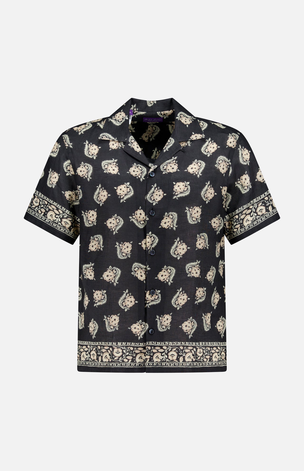 The RALPH LAUREN PURPLE LABEL Linen Print Short Sleeve Sport Shirt features Italian linen, a black base with beige floral and paisley patterns, a front pocket, and patterned bands on the sleeves and hem.