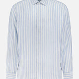 RALPH LAUREN PURPLE LABEL Linen Stripe Sport Shirt in light blue and white vertical stripes, long sleeves, collar, and Mother of Pearl buttons, crafted from dobby fabric and displayed on a plain white background.