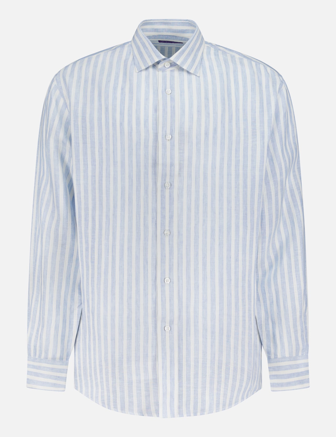 RALPH LAUREN PURPLE LABEL Linen Stripe Sport Shirt in light blue and white vertical stripes, long sleeves, collar, and Mother of Pearl buttons, crafted from dobby fabric and displayed on a plain white background.