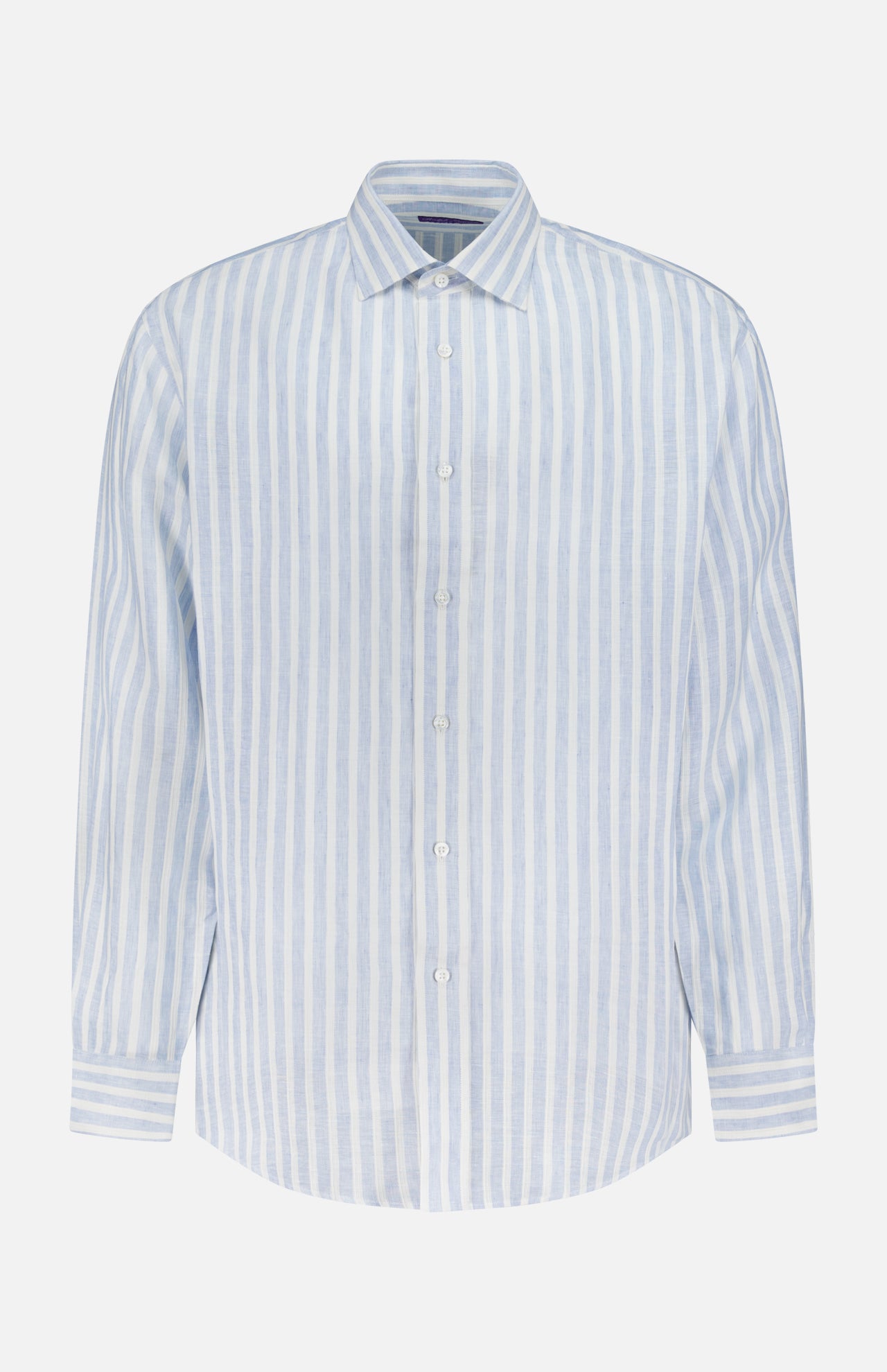 RALPH LAUREN PURPLE LABEL Linen Stripe Sport Shirt in light blue and white vertical stripes, long sleeves, collar, and Mother of Pearl buttons, crafted from dobby fabric and displayed on a plain white background.