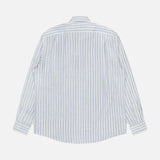 The RALPH LAUREN PURPLE LABEL Linen Stripe Sport Shirt features light blue and white vertical stripes, long sleeves, and a button-up style. Shown from the back, it's laid flat on a white background.