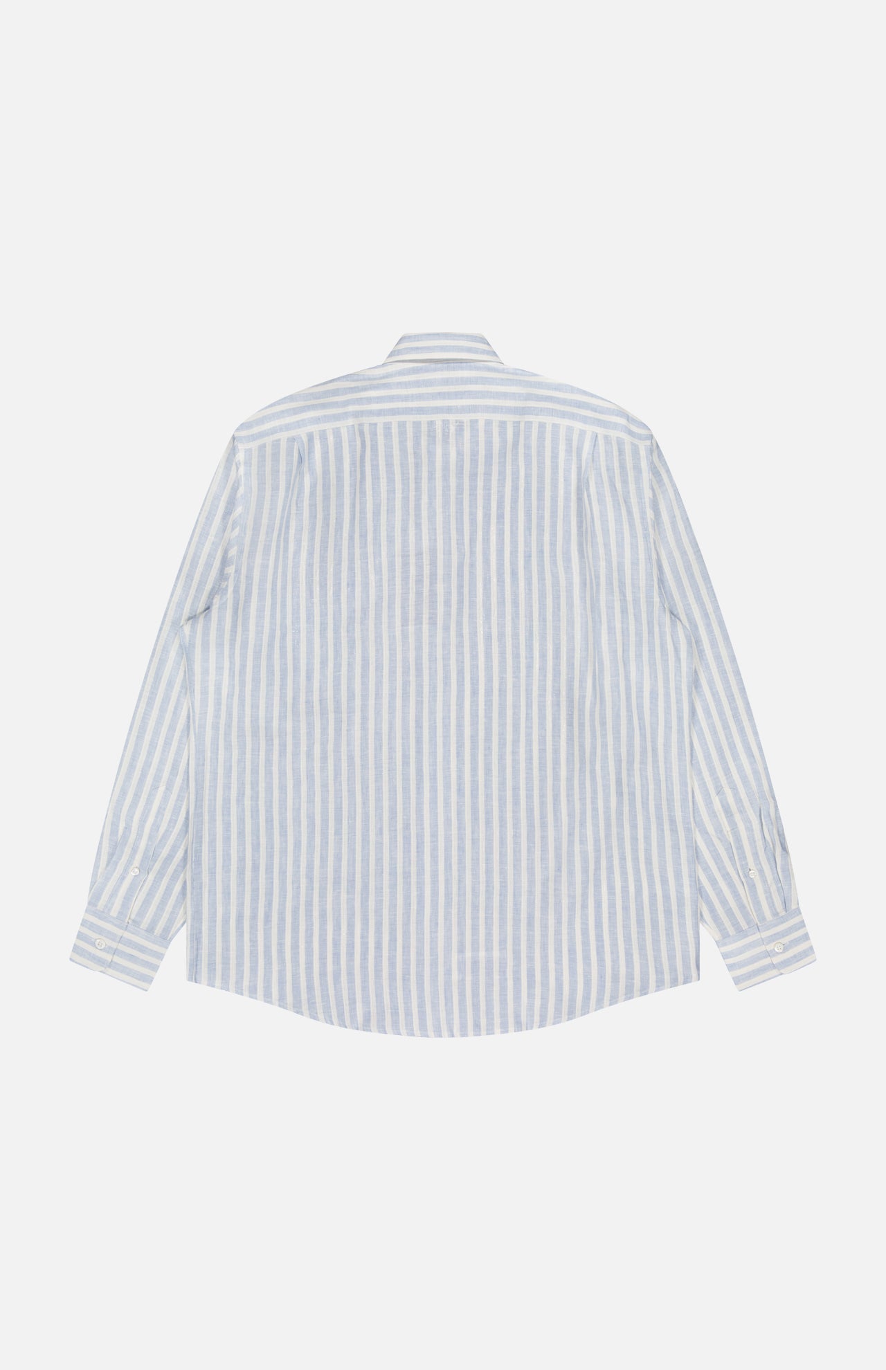 The RALPH LAUREN PURPLE LABEL Linen Stripe Sport Shirt features light blue and white vertical stripes, long sleeves, and a button-up style. Shown from the back, it's laid flat on a white background.