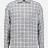 The RALPH LAUREN PURPLE LABEL Linen Twill Plaid Sport Shirt for men features long sleeves and a button-up front, with a light blue, gray, and white plaid design, shown against a plain white background.