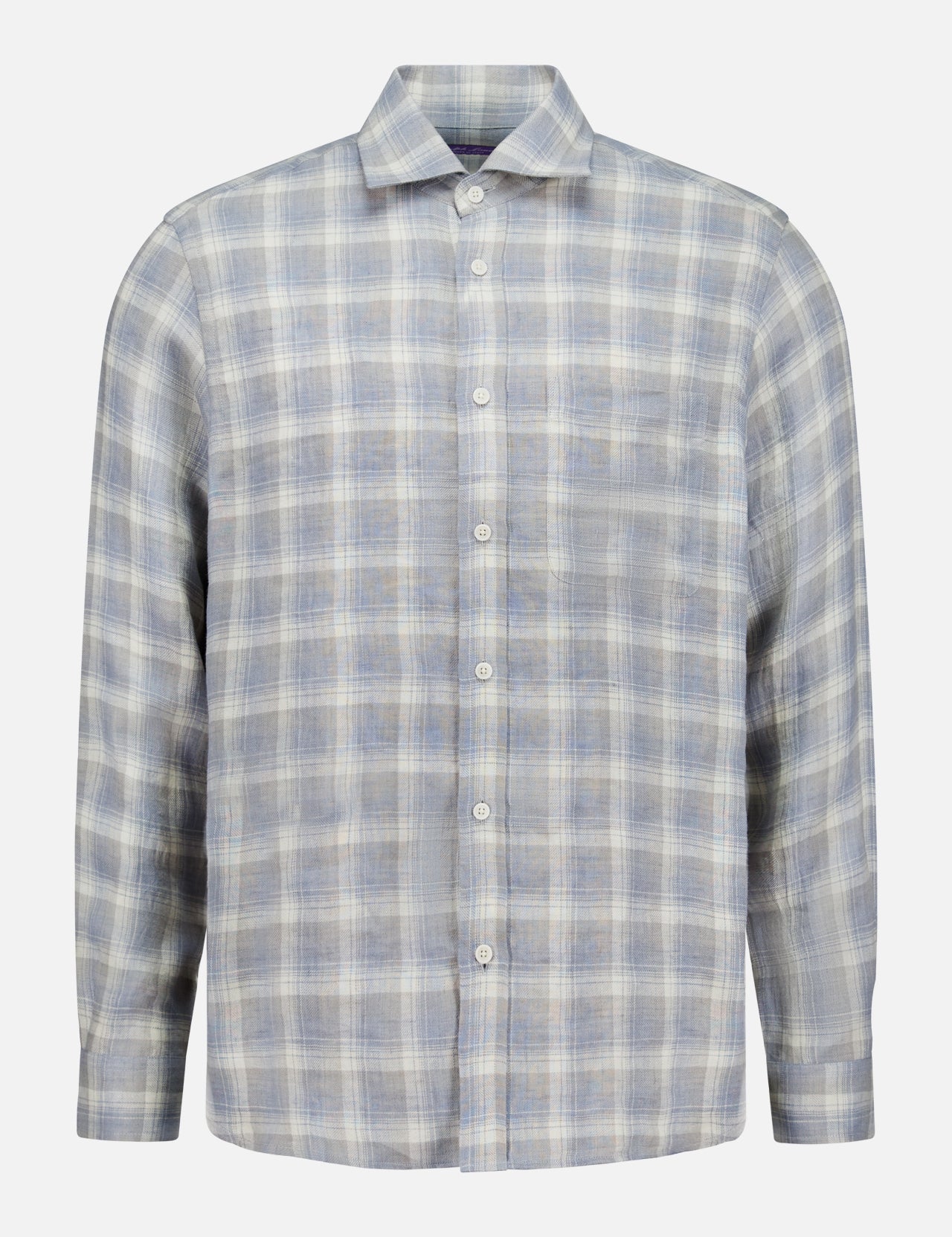 The RALPH LAUREN PURPLE LABEL Linen Twill Plaid Sport Shirt for men features long sleeves and a button-up front, with a light blue, gray, and white plaid design, shown against a plain white background.