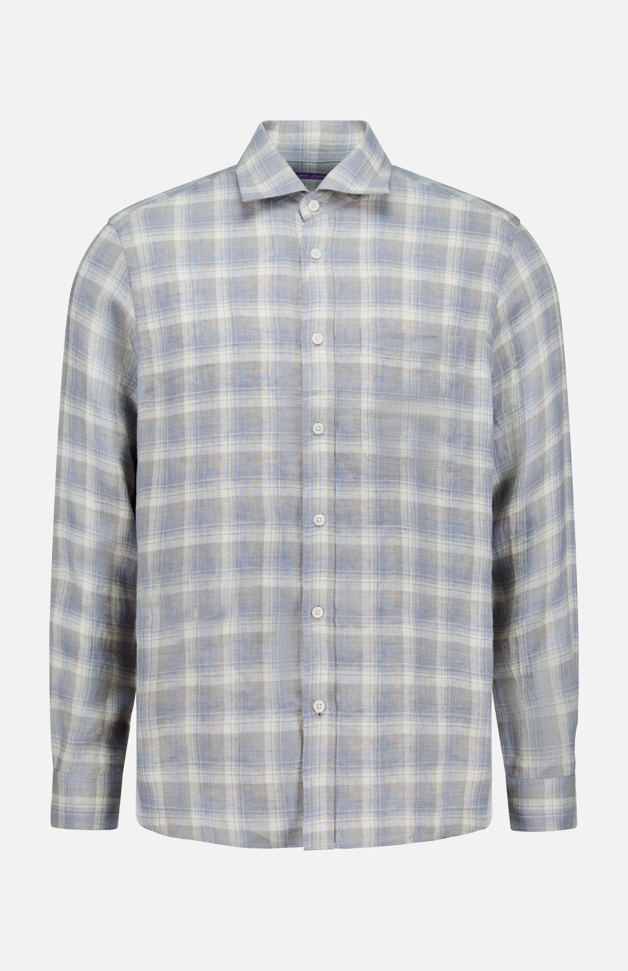 The RALPH LAUREN PURPLE LABEL Linen Twill Plaid Sport Shirt for men features long sleeves and a button-up front, with a light blue, gray, and white plaid design, shown against a plain white background.